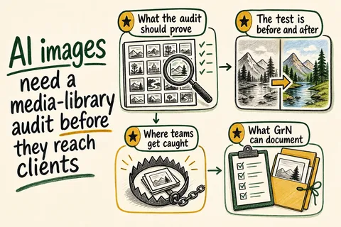 Illustrated infographic summarizing: AI images need a media-library audit before they reach clients