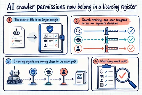 Illustrated infographic summarizing: AI crawler permissions now belong in a licensing register