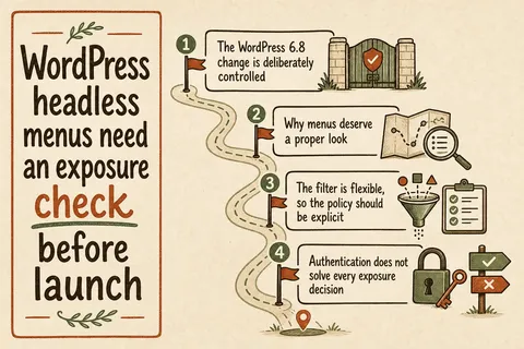 Illustrated infographic summarizing: WordPress headless menus need an exposure check before launch