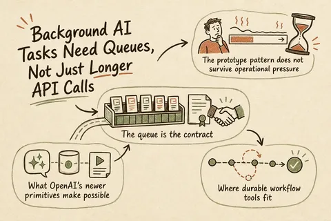 Illustrated infographic summarizing: Background AI Tasks Need Queues, Not Just Longer API Calls