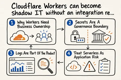 Hand-drawn sketch infographic summarizing: Cloudflare Workers can become shadow IT without an integration register