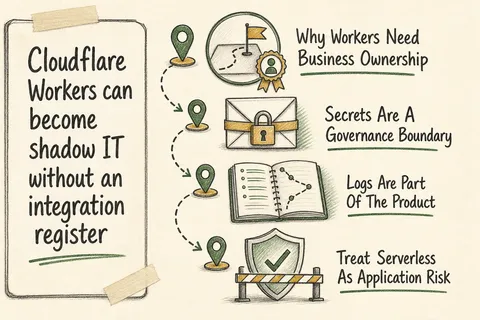 Illustrated infographic summarizing: Cloudflare Workers can become shadow IT without an integration register