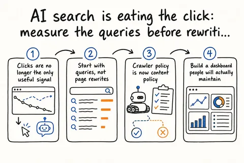 Hand-drawn sketch infographic summarizing: AI search is eating the click: measure the queries before rewriting pages