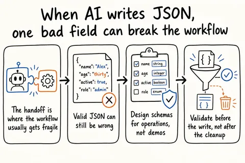 Hand-drawn sketch infographic summarizing: When AI writes JSON, one bad field can break the workflow