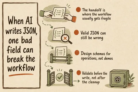 Illustrated infographic summarizing: When AI writes JSON, one bad field can break the workflow
