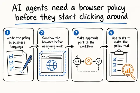 Hand-drawn sketch infographic summarizing: AI agents need a browser policy before they start clicking around