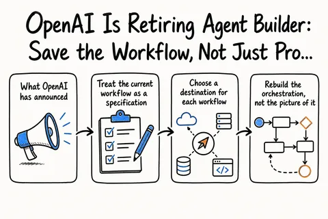 Hand-drawn sketch infographic summarizing: OpenAI Is Retiring Agent Builder: Save the Workflow, Not Just Prompts