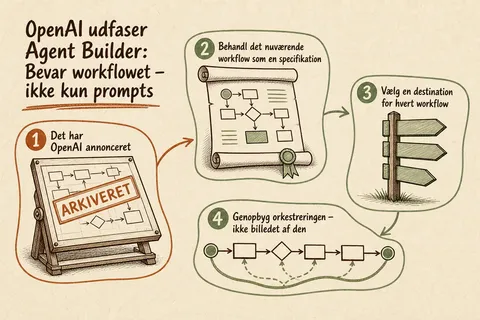 Illustreret infografik, der opsummerer: OpenAI udfaser Agent Builder: Bevar workflowet – ikke kun prompts