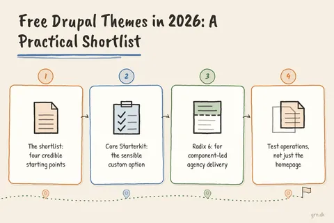 Illustrated infographic summarizing: Free Drupal Themes in 2026: A Practical Shortlist