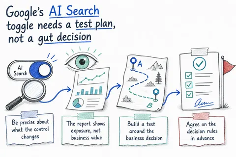 Illustrated infographic summarizing: Google’s AI Search toggle needs a test plan, not a gut decision