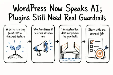 Hand-drawn sketch infographic summarizing: WordPress Now Speaks AI; Plugins Still Need Real Guardrails