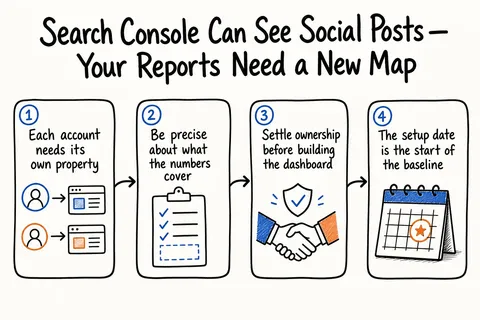 Hand-drawn sketch infographic summarizing: Search Console Can See Social Posts—Your Reports Need a New Map