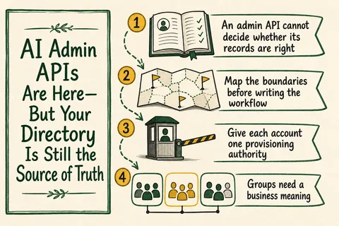Illustrated infographic summarizing: AI Admin APIs Are Here—But Your Directory Is Still the Source of Truth