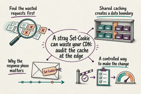 Illustrated infographic summarizing: A stray Set-Cookie can waste your CDN: audit the cache at the edge