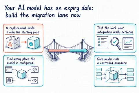 Illustrated infographic summarizing: Your AI model has an expiry date: build the migration lane now