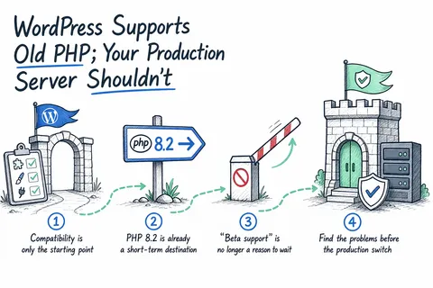 Illustrated infographic summarizing: WordPress Supports Old PHP; Your Production Server Shouldn’t