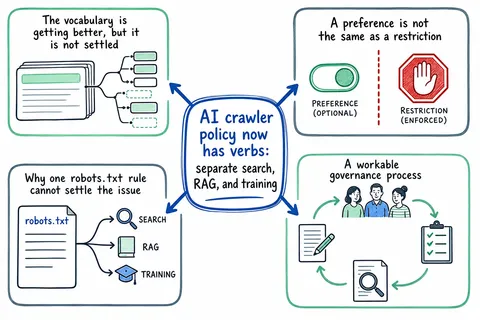 Illustrated infographic summarizing: AI crawler policy now has verbs: separate search, RAG, and training
