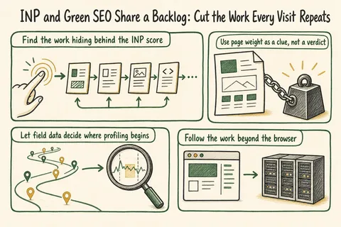 Illustrated infographic summarizing: INP and Green SEO Share a Backlog: Cut the Work Every Visit Repeats
