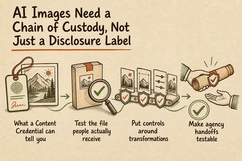 Illustrated infographic summarizing: AI Images Need a Chain of Custody, Not Just a Disclosure Label