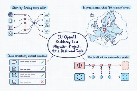 Illustrated infographic summarizing: EU OpenAI Residency Is a Migration Project, Not a Dashboard Toggle
