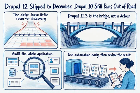 Illustrated infographic summarizing: Drupal 12 Slipped to December. Drupal 10 Still Runs Out of Road