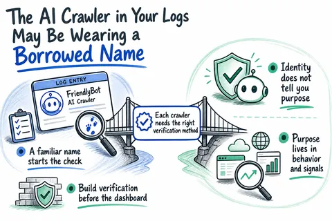Illustrated infographic summarizing: The AI Crawler in Your Logs May Be Wearing a Borrowed Name