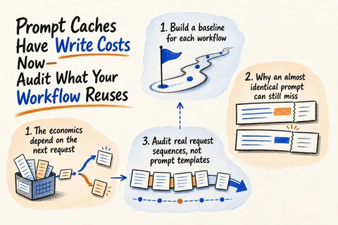 Illustrated infographic summarizing: Prompt Caches Have Write Costs Now—Audit What Your Workflow Reuses