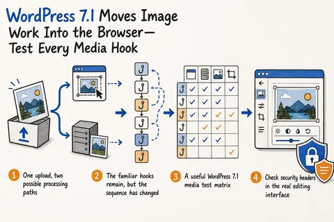 Illustrated infographic summarizing: WordPress 7.1 Moves Image Work Into the Browser—Test Every Media Hook