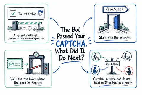 Illustrated infographic summarizing: The Bot Passed Your CAPTCHA. What Did It Do Next?