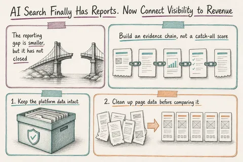 Illustrated infographic summarizing: AI Search Finally Has Reports. Now Connect Visibility to Revenue