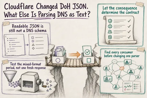 Illustrated infographic summarizing: Cloudflare Changed DoH JSON. What Else Is Parsing DNS as Text?