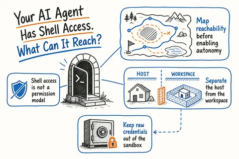Illustrated infographic summarizing: Your AI Agent Has Shell Access. What Can It Reach?