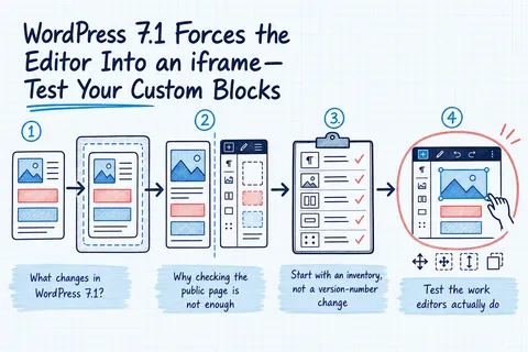 Illustrated infographic summarizing: WordPress 7.1 Forces the Editor Into an iframe—Test Your Custom Blocks