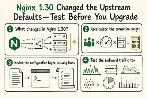 Illustrated infographic summarizing: Nginx 1.30 Changed the Upstream Defaults—Test Before You Upgrade