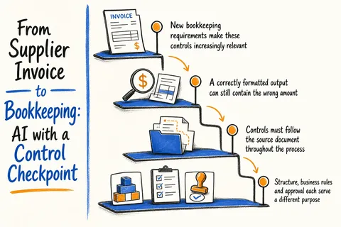 Illustrated infographic summarizing: From Supplier Invoice to Bookkeeping: AI with a Control Checkpoint