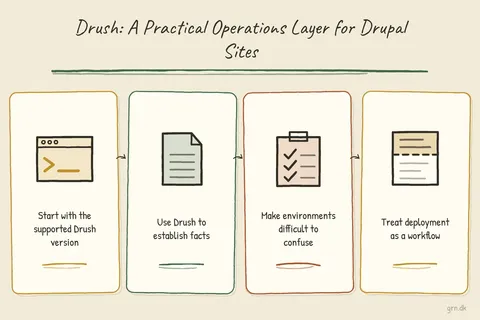 Illustrated infographic summarizing: Drush: A Practical Operations Layer for Drupal Sites