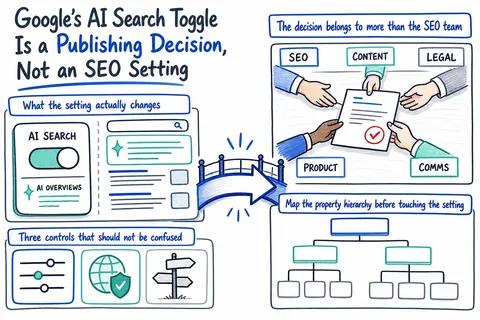 Illustrated infographic summarizing: Google’s AI Search Toggle Is a Publishing Decision, Not an SEO Setting