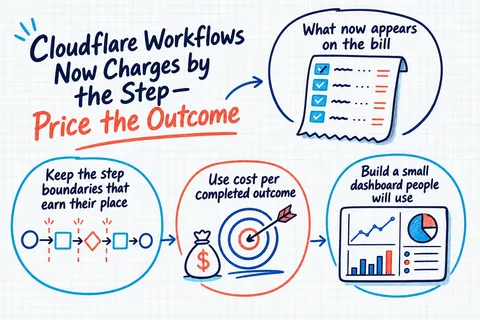 Illustrated infographic summarizing: Cloudflare Workflows Now Charges by the Step—Price the Outcome