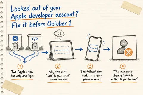 Illustrated infographic summarizing: Locked out of your Apple developer account? Fix it before October 1