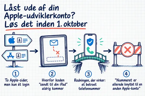 Illustreret infografik, der opsummerer: Låst ude af din Apple-udviklerkonto? Løs det inden 1. oktober