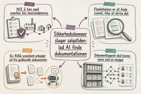Illustreret infografik, der opsummerer: Sikkerhedsskemaer sluger salgstiden: lad AI finde dokumentationen