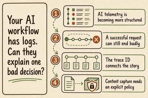 Illustrated infographic summarizing: Your AI workflow has logs. Can they explain one bad decision?