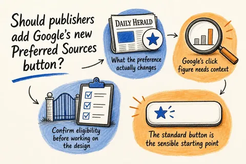 Illustrated infographic summarizing: Should publishers add Google’s new Preferred Sources button?