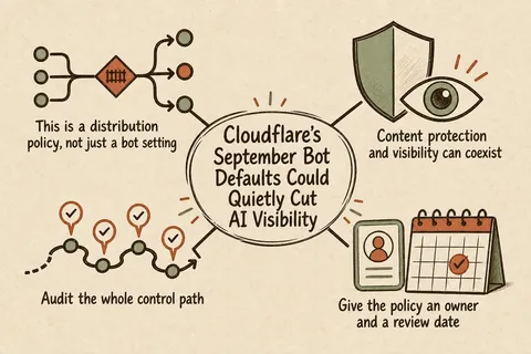 Illustrated infographic summarizing: Cloudflare’s September Bot Defaults Could Quietly Cut AI Visibility
