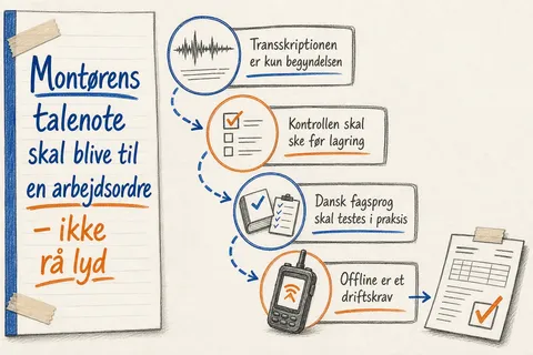 Illustreret infografik, der opsummerer: Montørens talenote skal blive til en arbejdsordre – ikke rå lyd