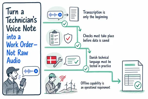 Illustrated infographic summarizing: Turn a Technician’s Voice Note into a Work Order—Not Raw Audio