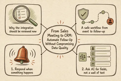 Illustrated infographic summarizing: From Sales Meeting to CRM: Automate Follow-Up Without Compromising Data Quality