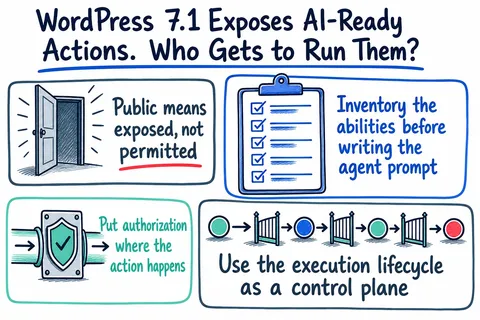 Illustrated infographic summarizing: WordPress 7.1 Exposes AI-Ready Actions. Who Gets to Run Them?
