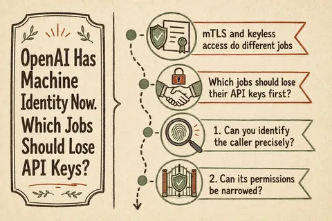 Illustrated infographic summarizing: OpenAI Has Machine Identity Now. Which Jobs Should Lose API Keys?
