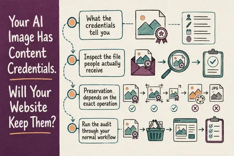 Illustrated infographic summarizing: Your AI Image Has Content Credentials. Will Your Website Keep Them?